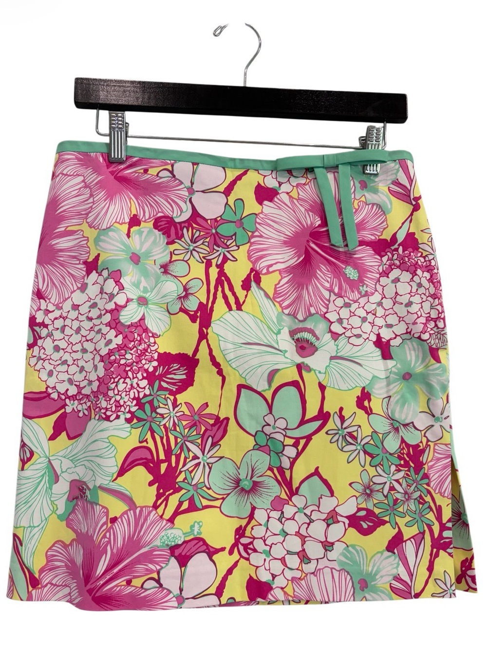 TIBI Floral Short Lined Skirt Bow Size 6 Side Zip Slit Stretch Pink Green Retro